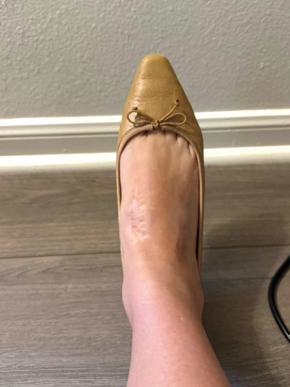 Veronica Beard Tan Pointed-Toe Leather Ballet Flats with Bow